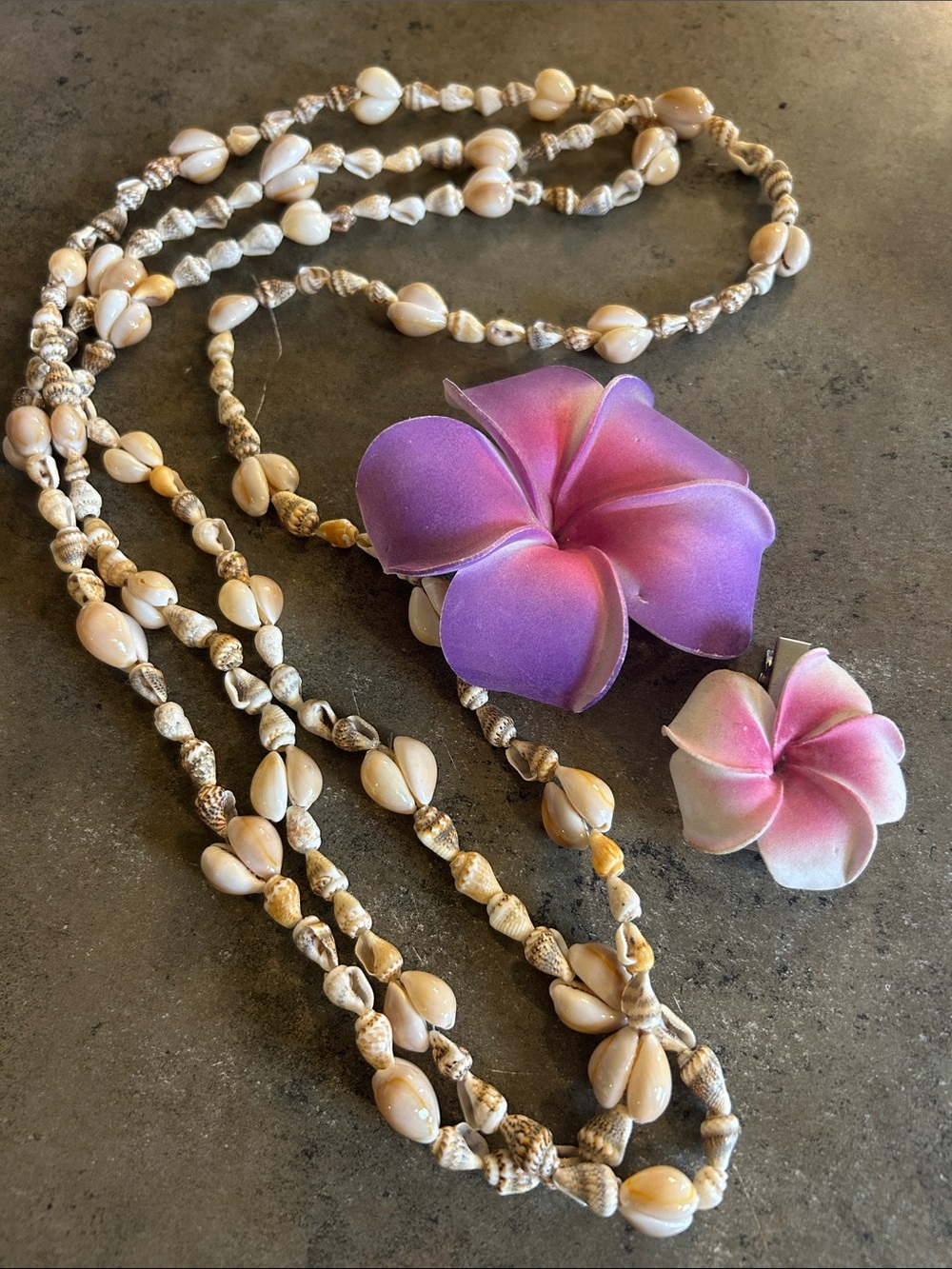 2 Handmade Shell Necklaces with Pink Purple Plumeria Flower hair pieces!